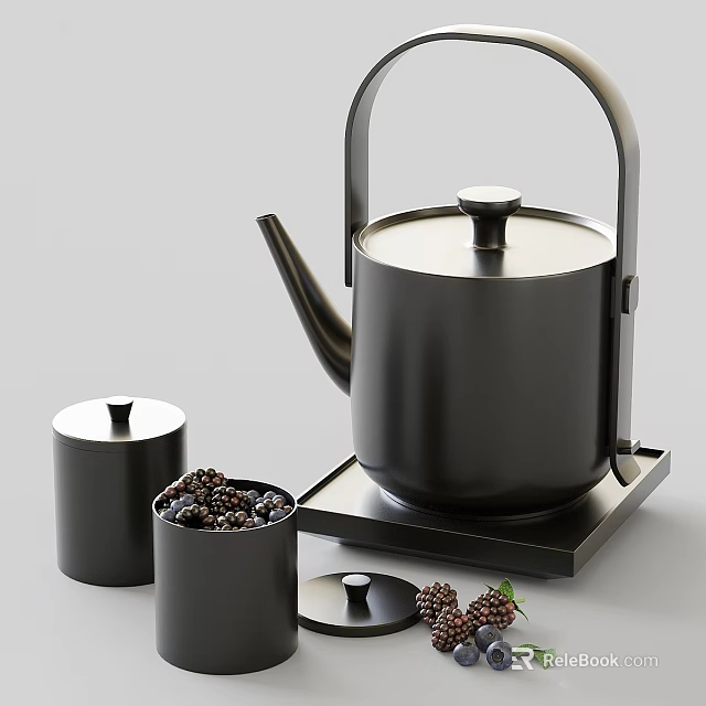 Modern Black Tea Set with Teapot Lidded Containers and Fresh Blackberries on Tray 3d model 