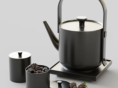 Modern Black Tea Set with Teapot Lidded Containers and Fresh Blackberries on Tray 3d model
