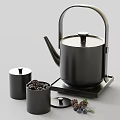 Modern Black Tea Set with Teapot Lidded Containers and Fresh Blackberries on Tray