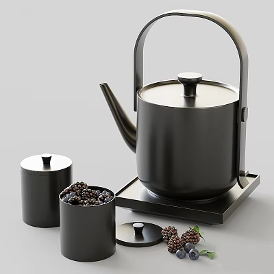Modern Black Tea Set with Teapot Lidded Containers and Fresh Blackberries on Tray 3d model