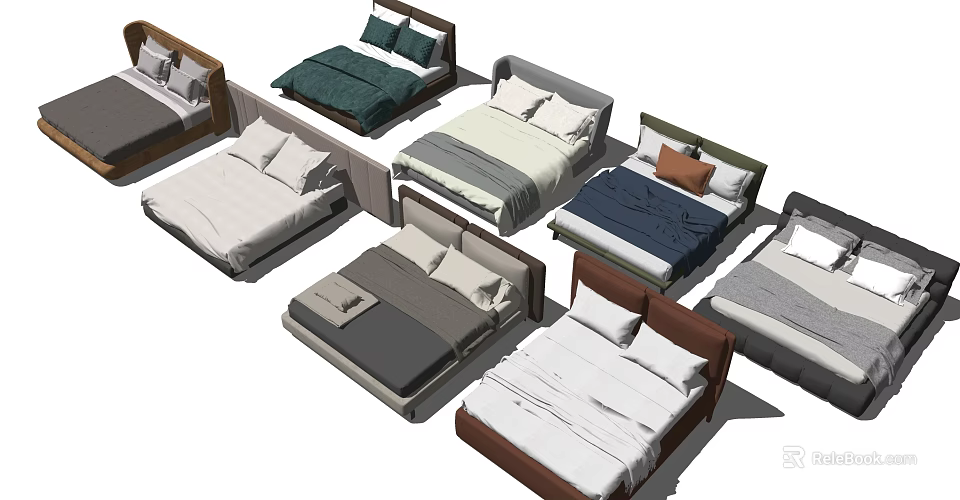 Various Modern Double Bed Designs With Different Colored Headboards And Bedding 3d model