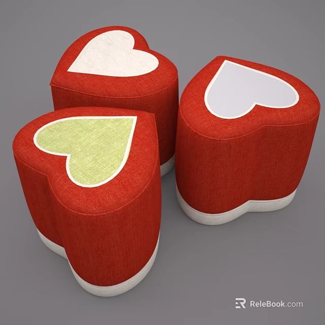 Heart Shaped Red Sofa Stools With White And Green Heart Patterns 3d model