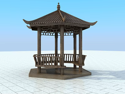 Traditional Chinese Wooden Gazebo With Tiled Roof Surrounding Benches And Tile Floor 3d model