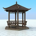 Traditional Chinese Wooden Gazebo With Tiled Roof Surrounding Benches And Tile Floor