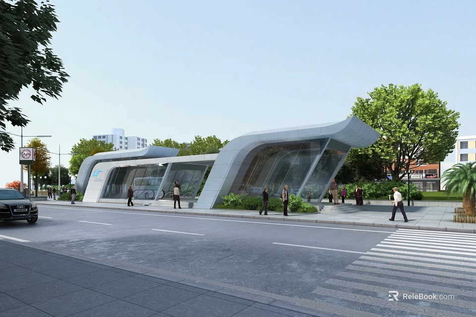 Modern Curved Urban Building Featuring Glass Facade Pedestrians And Lush Street Trees 3d model 