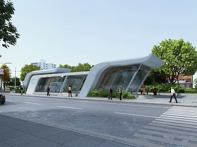 Modern Curved Urban Building Featuring Glass Facade Pedestrians And Lush Street Trees 3d model