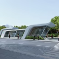 Modern Curved Urban Building Featuring Glass Facade Pedestrians And Lush Street Trees
