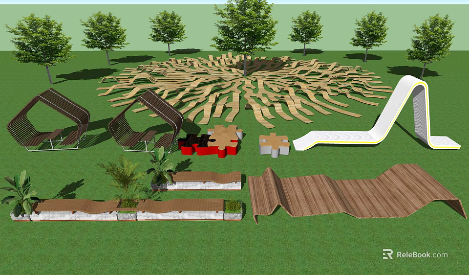 Comfortable Outdoor Chair In Natural Setting With Green Lawn Trees And Wooden Accents 3d model 