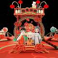 Traditional Chinese Wedding Scene With Red Sedan Chair Bride Groom And Decorative Lanterns