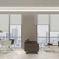Modern Bright Break Room Interior With Orange Sofas White Tables And City View Through Windows 3d model