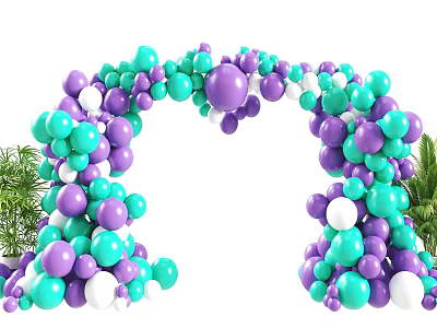 Colorful Purple Teal and White Balloon Arch with Green Plants Decoration 3d model