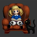 Game Film Character Blonde Girl Reading Book On Red Armchair With Black Cat