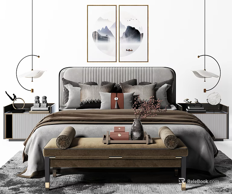 Elegant Double Bed With Striped Headboard Plush Pillows And Brown Bench 3d model