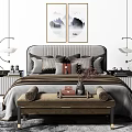 Elegant Double Bed With Striped Headboard Plush Pillows And Brown Bench 3d model