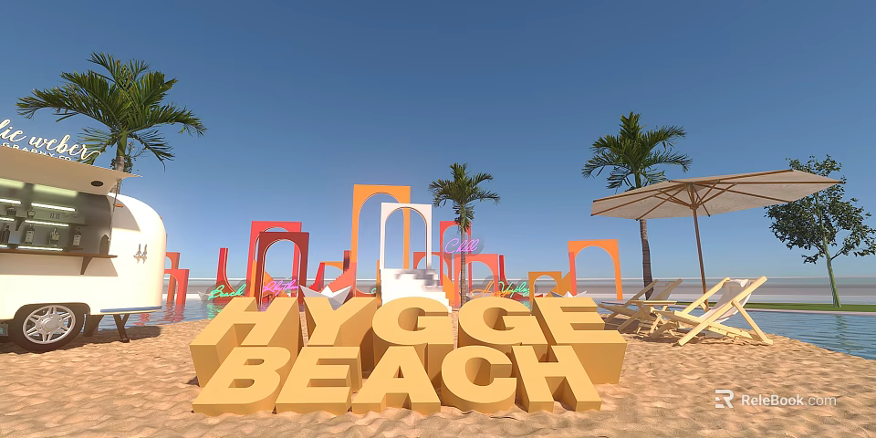 Hygge Beach With Sandy Shore Large Yellow Letters Colorful Arches Palm Trees And Blue Sky 3d model 