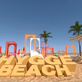 Hygge Beach With Sandy Shore Large Yellow Letters Colorful Arches Palm Trees And Blue Sky