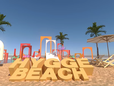 Hygge Beach With Sandy Shore Large Yellow Letters Colorful Arches Palm Trees And Blue Sky 3d model