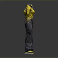 Yellow Short Sleeved Top And Gray Cargo Pants Outfit With Matching Gloves Utility Pockets