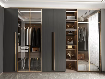 Elegant Modern Wardrobe Interior With Glass Doors Metal Frames Hanging Rails And Storage Shelves 3d model