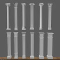 Decorative White Roman Columns In Various Styles Displayed Against Gray Background 3d model