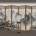 Traditional Chinese Folding Room Divider With Mountain Water Painting And Wooden Frame