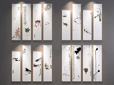 Chinese Traditional Animal Ink Paintings With Lotus Bamboo And Wall Art Decor 3d model