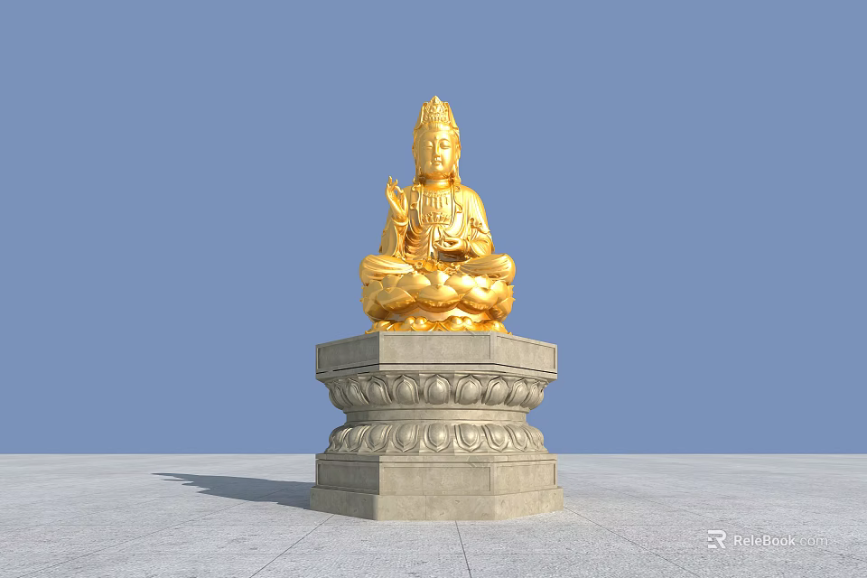 Golden Buddha Sculpture With Intricate Carving On Stone Lotus Pedestal 3d model 