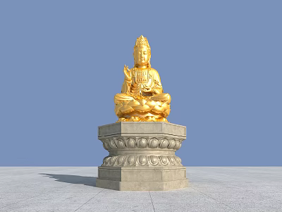 Golden Buddha Sculpture With Intricate Carving On Stone Lotus Pedestal 3d model
