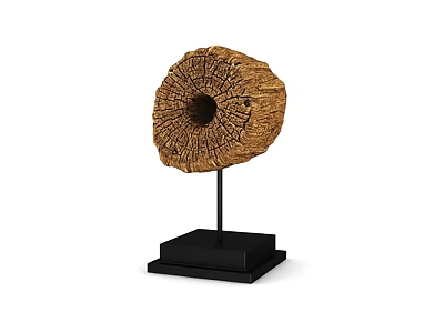 Decorative Ornament Set with Wooden Textured Circular Design and Black Square Base Metal Stand 3d model