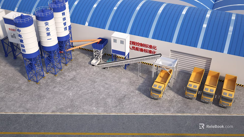 Industrial Factory Building with Blue Roof Cement Silos Mixing Equipment and Yellow Trucks 3d model 