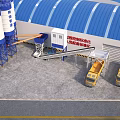 Industrial Factory Building with Blue Roof Cement Silos Mixing Equipment and Yellow Trucks