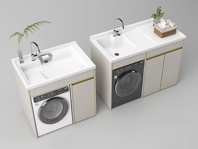 Modern Laundry Area With Washing Machine Sink Faucet Decorative Plant And Cabinets 3d model