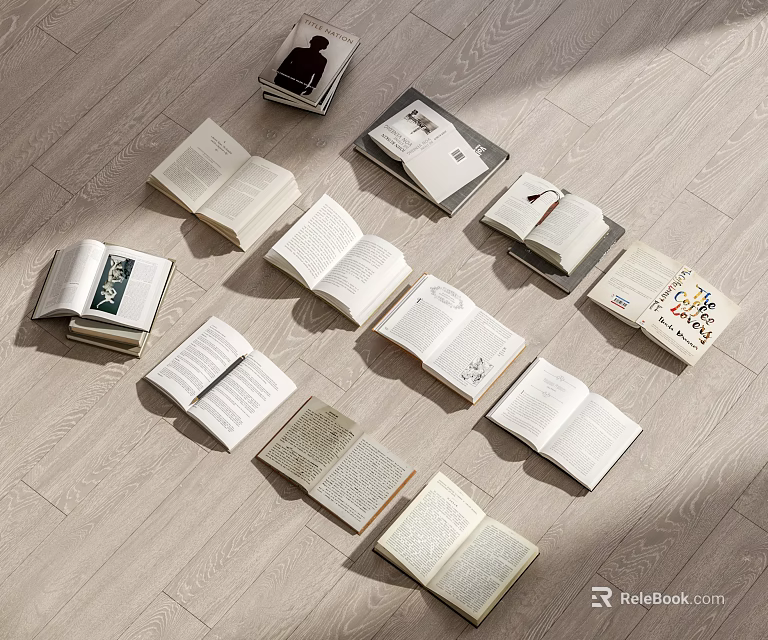 Multiple Open Books of Various Types Scattered On Light Colored Wooden Floor 3d model 