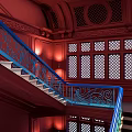 Elegant Staircase With Blue Ornate Scroll Railing Black Steps And Lattice Windows 3d model