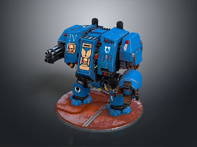Blue Mechanical Game Movie Character With Weapon And Red Circular Base 3d model