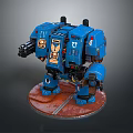 Blue Mechanical Game Movie Character With Weapon And Red Circular Base