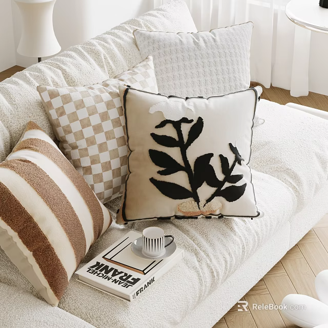 Cozy Sofa With Decorative Pillows Striped Checkered Plant Pattern Book And Mug 3d model 