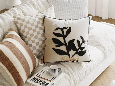 Cozy Sofa With Decorative Pillows Striped Checkered Plant Pattern Book And Mug 3d model