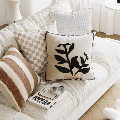 Cozy Sofa With Decorative Pillows Striped Checkered Plant Pattern Book And Mug 3d model