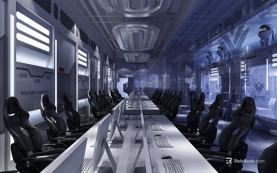 Modern Internet Cafe With Multiple Computers Ergonomic Gaming Chairs And Tech Style Interior 3d model 
