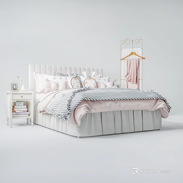 Kids Bed With Upholstered Headboard Ruffled Skirt Pink White Striped Bedding And Gold Hanger 3d model 
