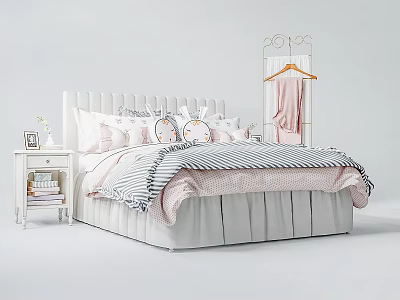 Kids Bed With Upholstered Headboard Ruffled Skirt Pink White Striped Bedding And Gold Hanger 3d model