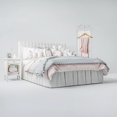 Kids Bed With Upholstered Headboard Ruffled Skirt Pink White Striped Bedding And Gold Hanger 3d model