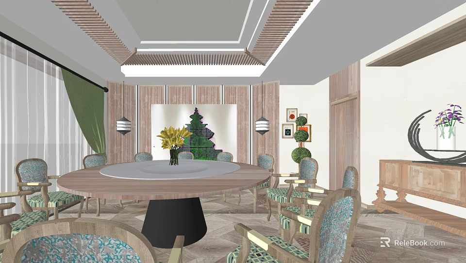 Elegant Private Dining Room Interior With Round Table Yellow Flowers And Wooden Decor 3d model 