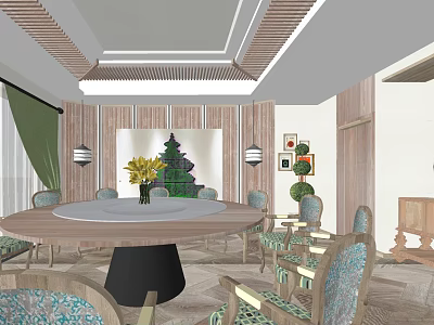 Elegant Private Dining Room Interior With Round Table Yellow Flowers And Wooden Decor 3d model