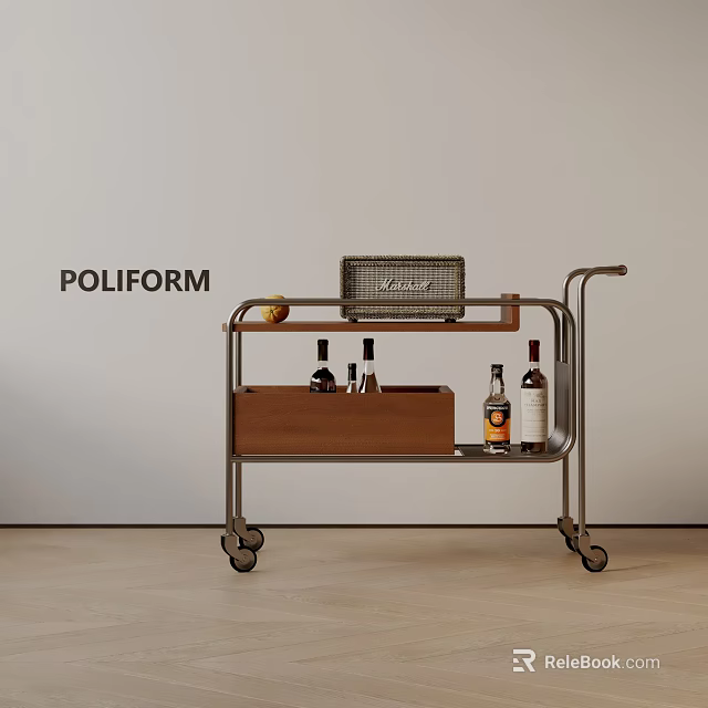 Stylish Mobile Side Table with Storage Shelf Metal Frame Wooden Top Wine Bottles and Radio 3d model 