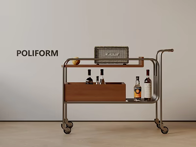 Stylish Mobile Side Table with Storage Shelf Metal Frame Wooden Top Wine Bottles and Radio 3d model