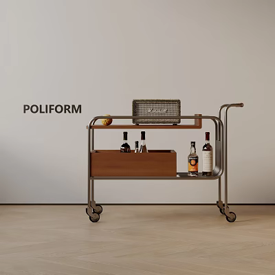 Stylish Mobile Side Table with Storage Shelf Metal Frame Wooden Top Wine Bottles and Radio 3d model