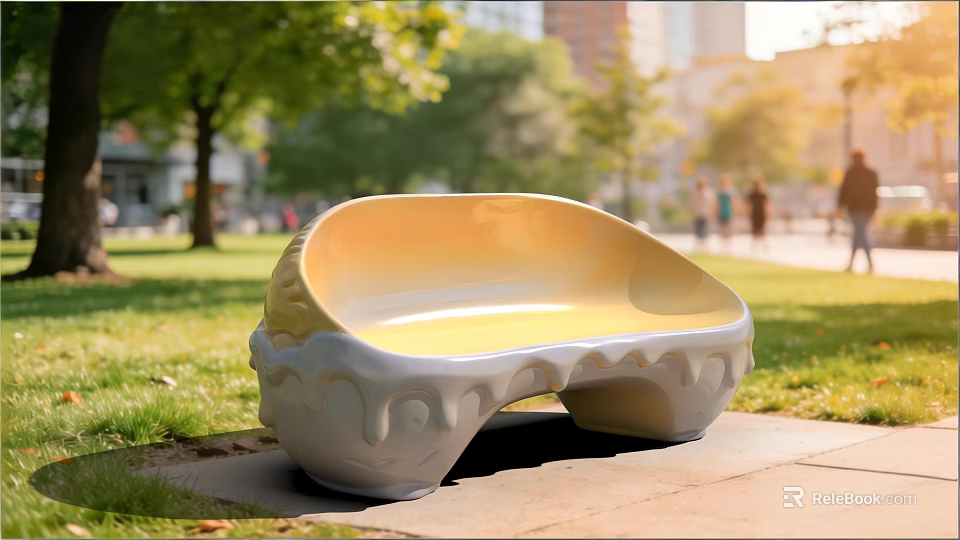 Yellow And White Public Bench With Unique Sculptural Design In Outdoor Park 3d model 