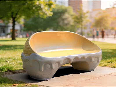 Yellow And White Public Bench With Unique Sculptural Design In Outdoor Park 3d model